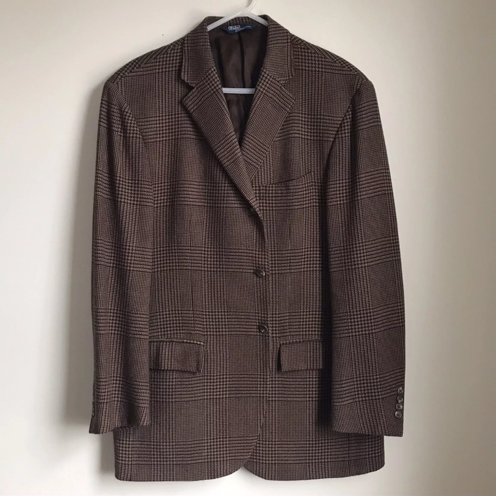Vintage Ralph Lauren Polo Plaid Blazer Made In Italy Mens 46 Brown Tan Tartan